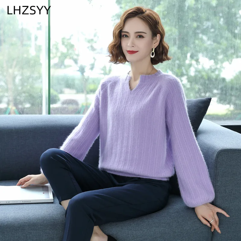 Women New 100%pure Mink Cashmere Sweater Fashion Large Size Pullover Autumn Winter Warm Top Loose Puff Sleeve Knit Female Jacket