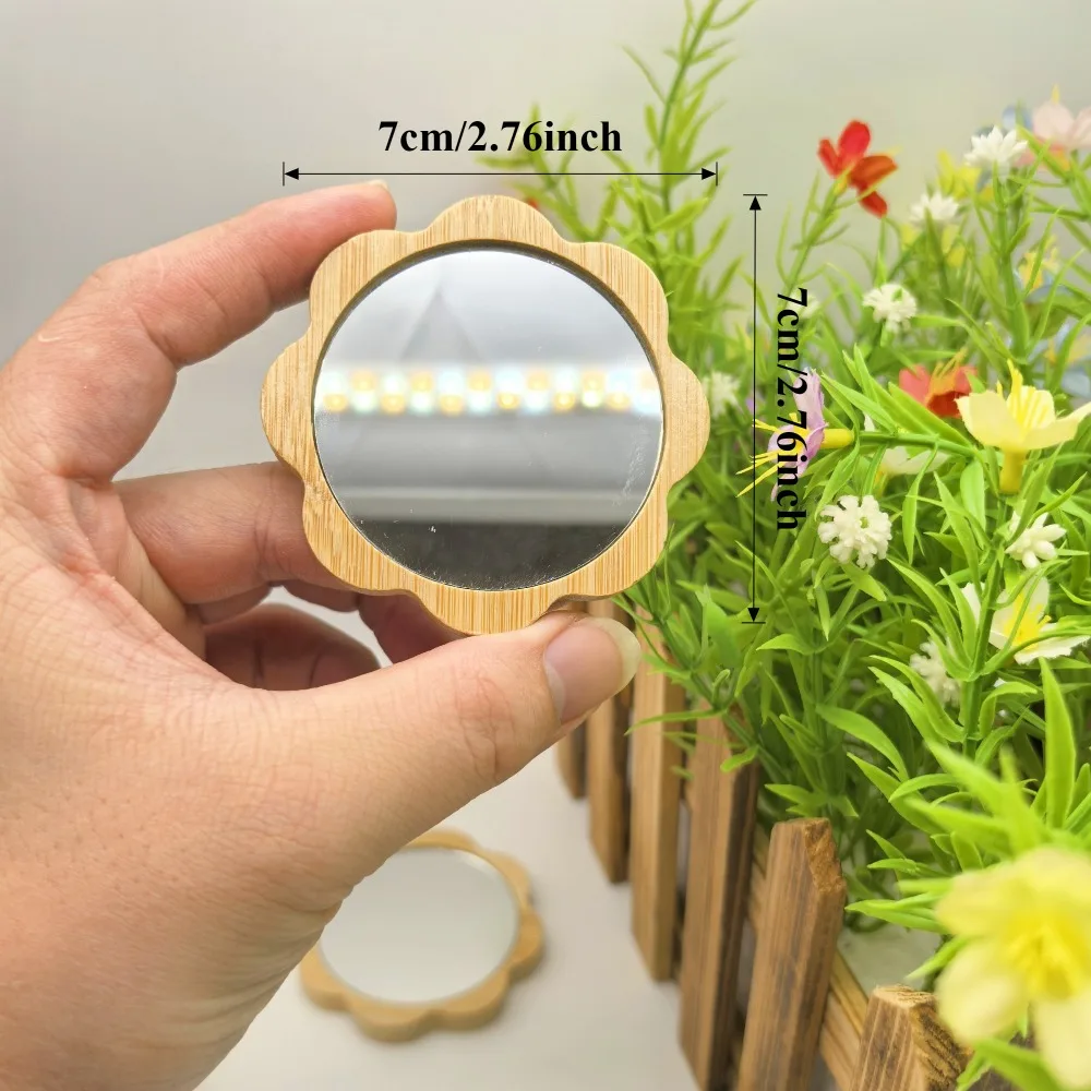 6-24 Pcs Flower Shaped Wooden Handheld Makeup Mirror Pocket Mirror Portable Cosmetic Mirror Travel Christmas Party Favor Gifts
