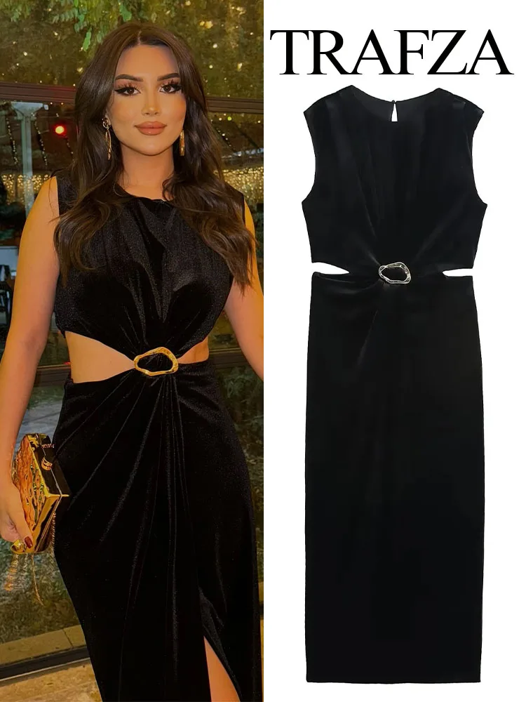 

HH Women Fashion Buckle Hollow Decorate Sleeveless Velvet Midi Dress Female Autumn Casual Solid Zipper High Street Dress