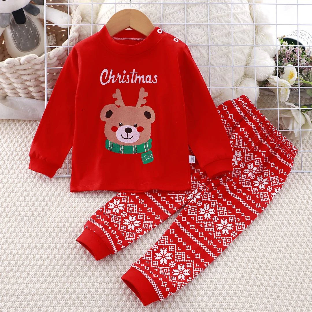 Christmas Cartoon Print Baby Long Sleeve Underwear Suit Autumn Clothing Kids Two Piece Set Tops Pants Toddler Costume Outfits