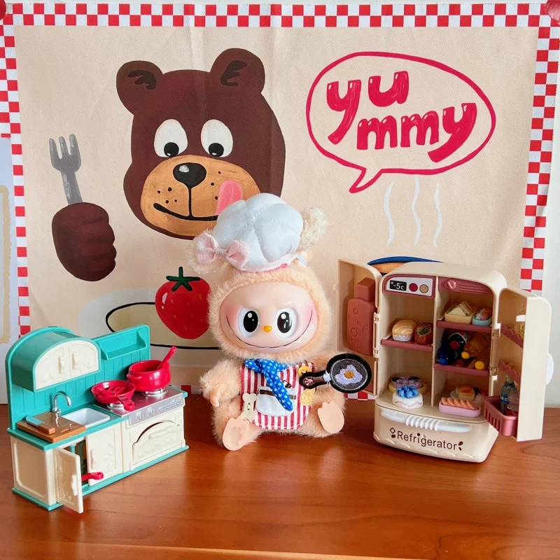 

17 cm labubu doll Clothes Kitchen Series Chef doll clothes Kitchen refrigerator miniature toys