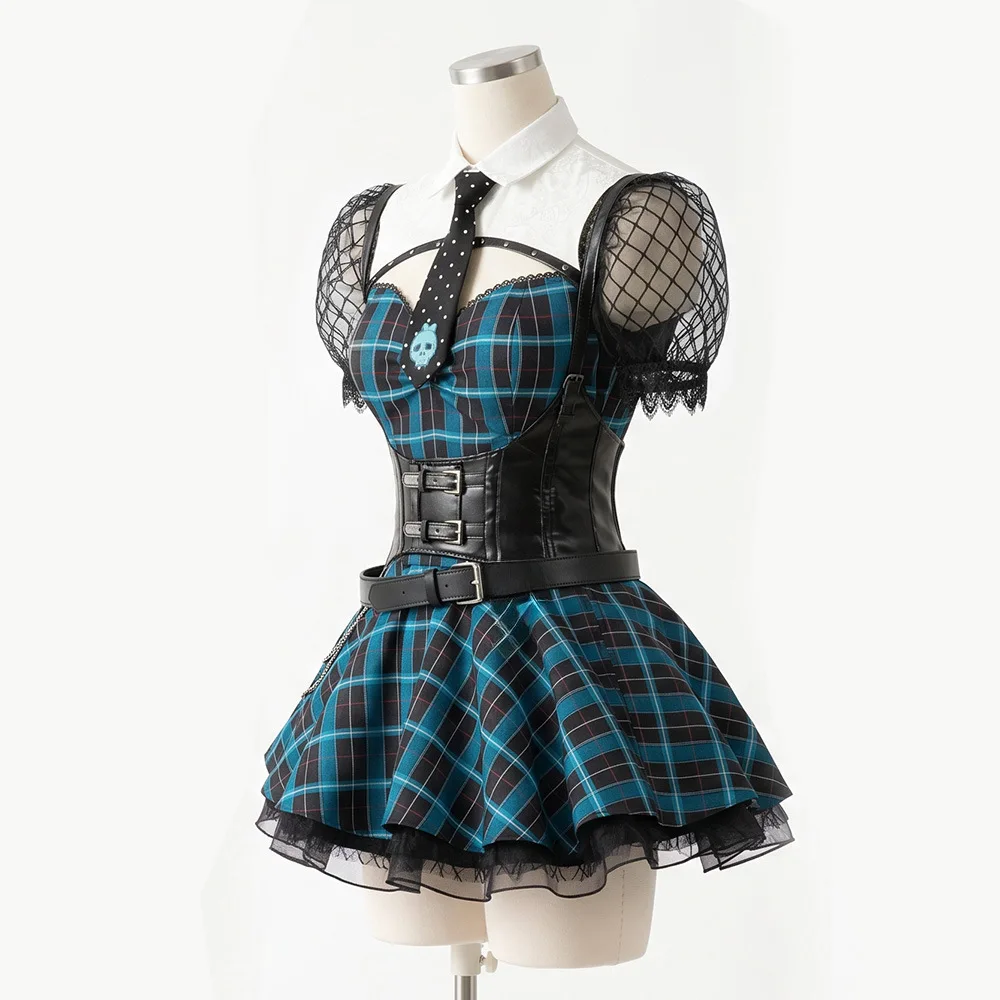 Halloween Monster School Frankenstein Cosplay Costume Blue Black Plaid Dress Gothic Lolita Punk Party Outfit view 3