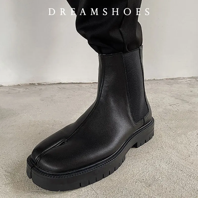 Split Toe Shoes Chelsea Boots Round Toe High Top Leather Boots Horseshoe Shoes Thick Soled Shoes