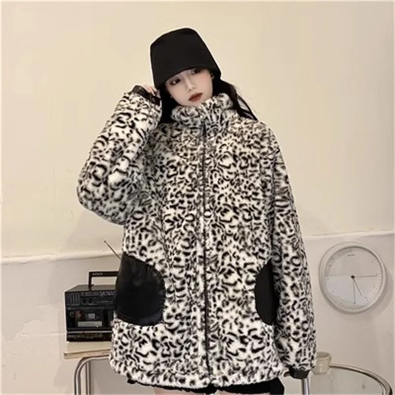 

Cotton Coat for Women New Leopard Print Motorcycle Jacket For Autumn Winter 2023 Thick PU Leather Jacket Made of Lamb Velvet B45