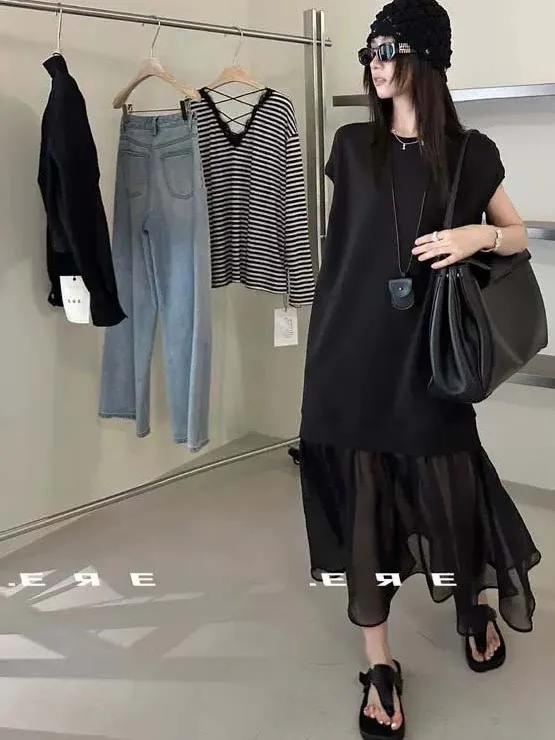 Fashionable Casual Soft Style Korean Sleeveless High Waist A-Line Dress Polyester Fabric Short Sleeve Women's Dress 2026 Summ...
