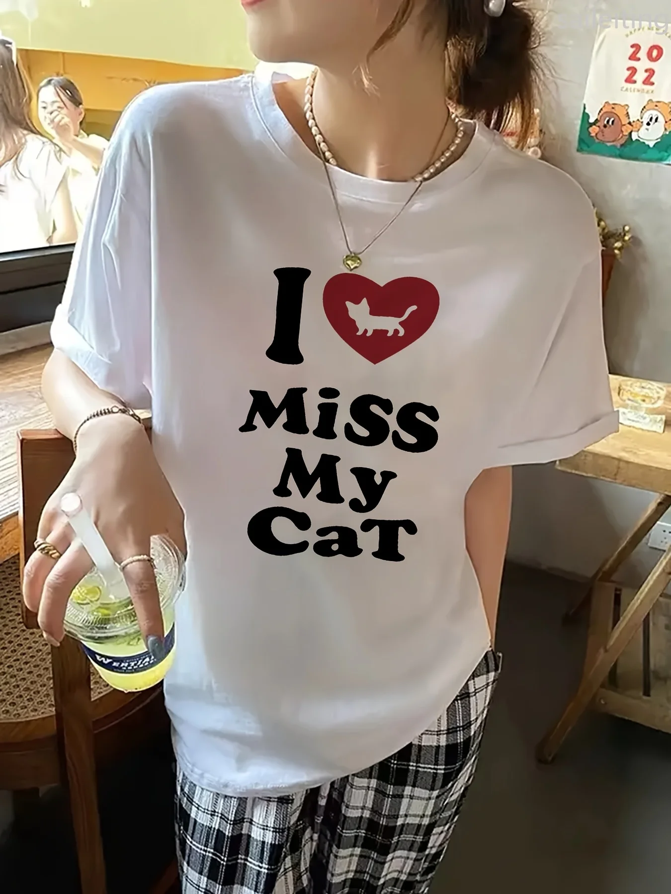 

Camiseta gráfica para amantes de los gatos para mujerTop suave con manga y cuello redondo con diseño de estampado de