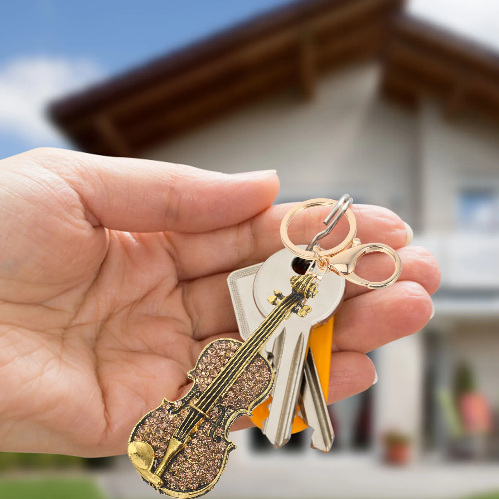 Violin Keychain Shape Pendant Tag Chains Ladies Charm Glitter Creative Ring Musical Instrument