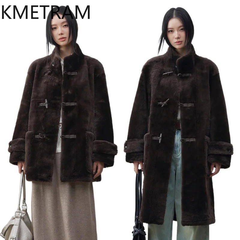 

KMETRAM Natural Merino Sheepskin with Wool Attached Coat Vintage Stand Collar Real Fur Jacket Woman Clothing Winter Coats 2025