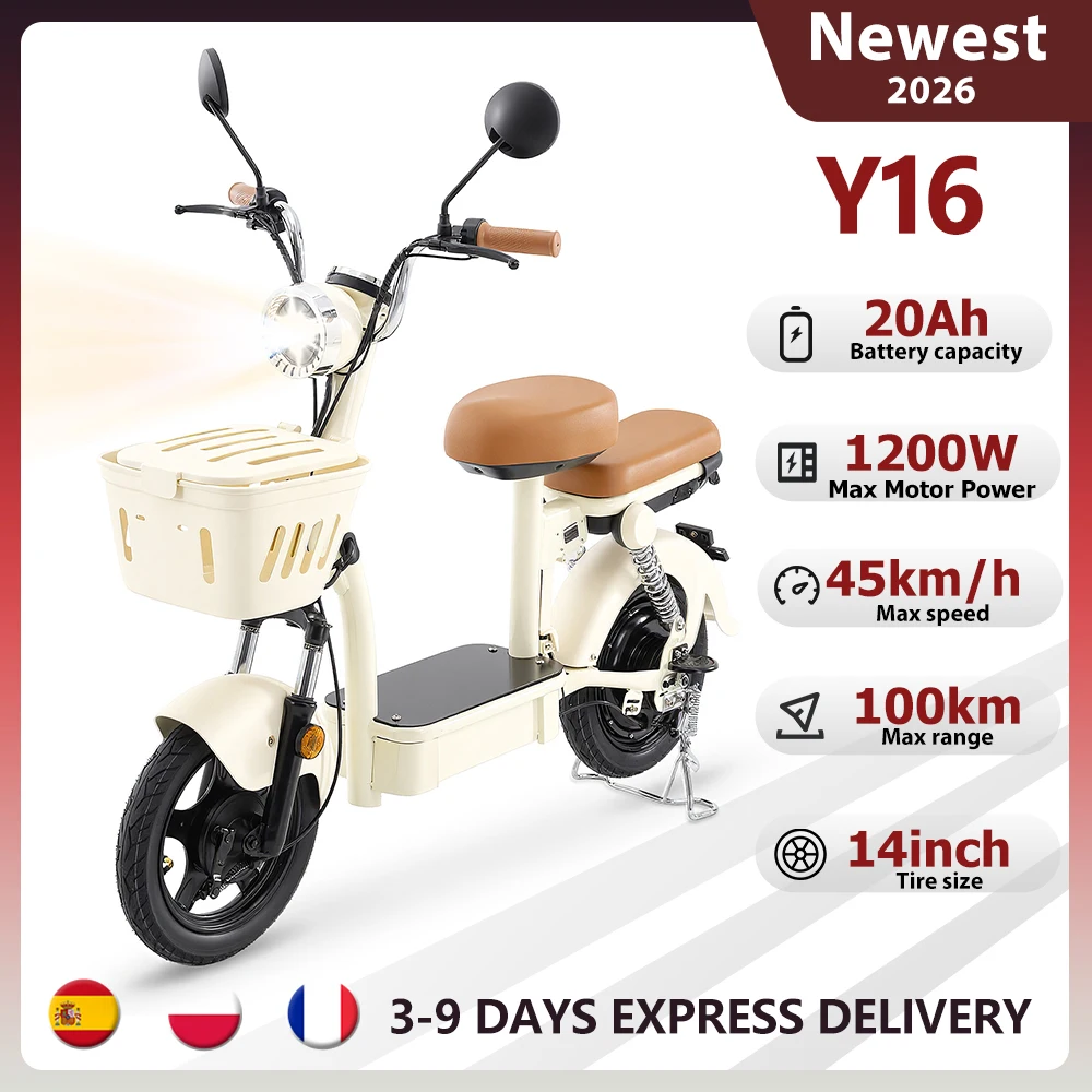 Trottinette électrique iScooter Y16 City Grocery, 14 pouces, 1200W, 48V20Ah, autonomie 90-100 km, siège avec paniers, coussin avant/arrière.