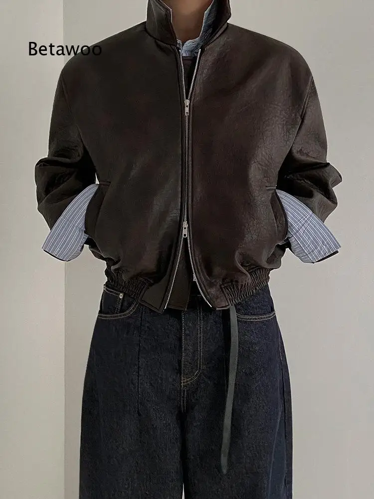 Mens Vintage Cropped Leather Jacket Spring Loose Turn Collar Outerwear Korean Trend Faded Leather Coat For Retro Daily Fashion