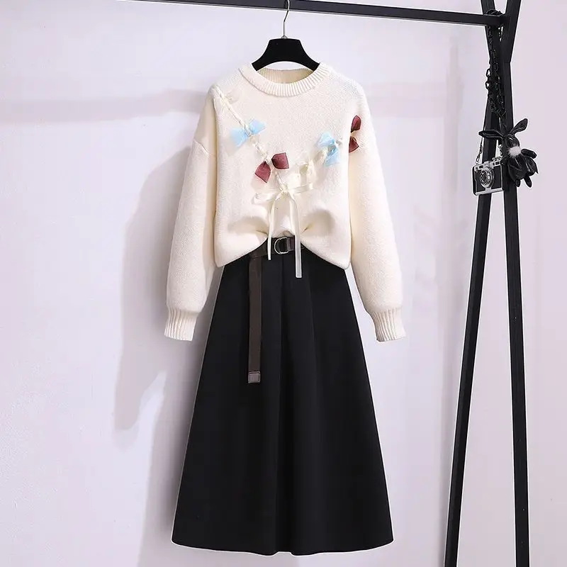 Women's Dresses Suits 2024 Spring Autumn Korean Elegant Fashion Round Neck Knitted Pollvers Sweater Half Skirt Two Piece Set