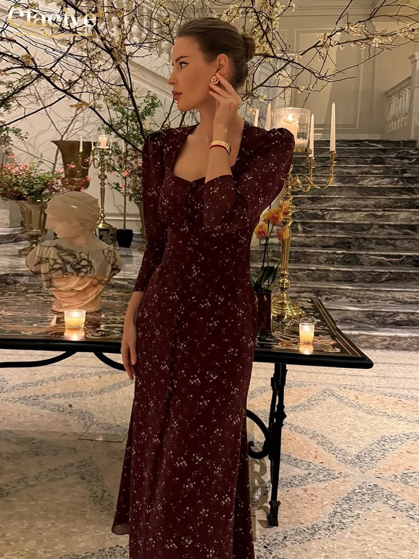 

Clacive Fashion Slim Print Women's Dress 2026 Spring Square Collar Long Sleeve Ankle Length Dresses Elegant Classic Female Dress
