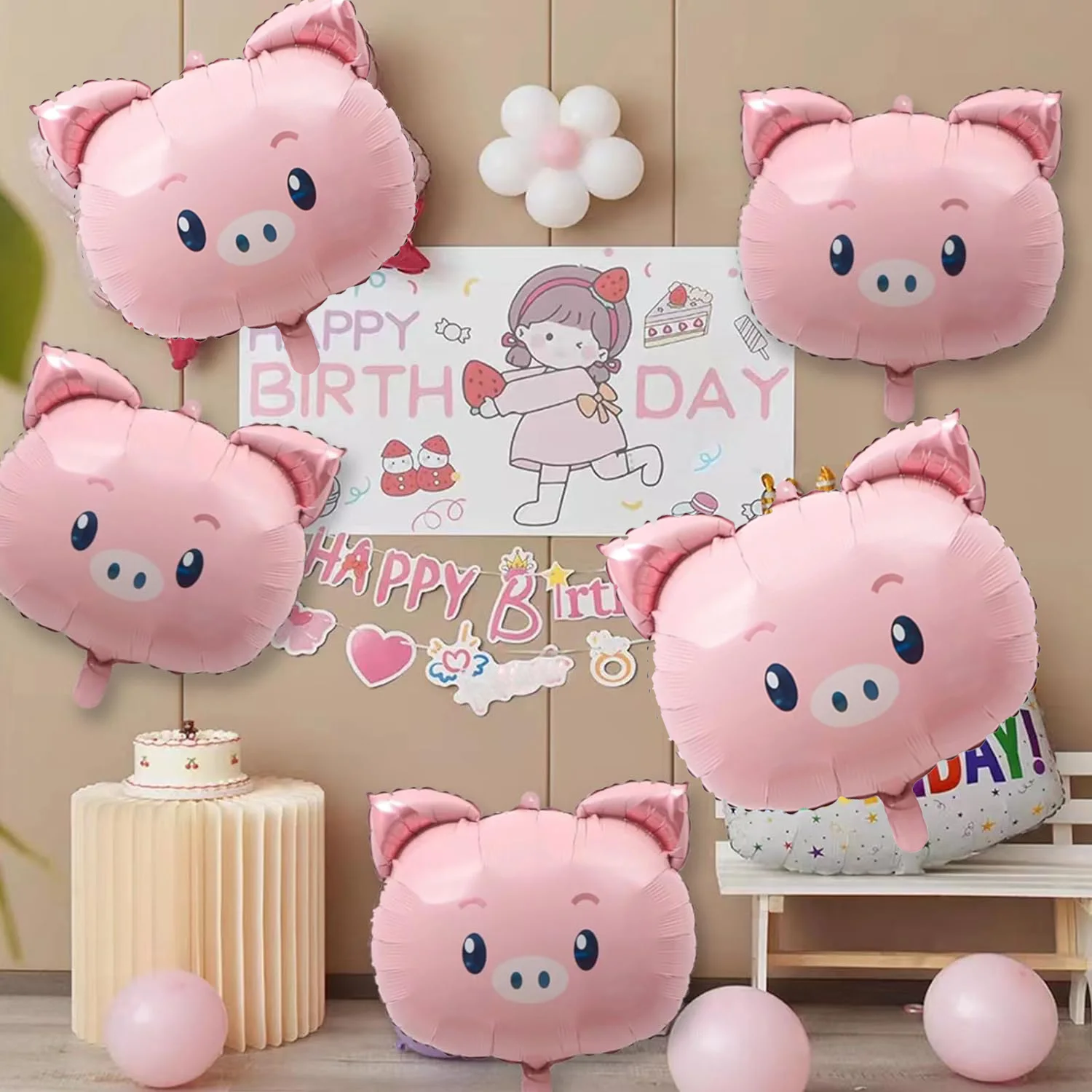 5pcs Q-version pig head aluminum film balloon suitable for jungle animal farm zoo themed birthday baby shower party decoration