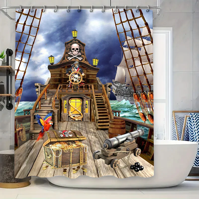 High-Quality Waterproof Shower Curtain featuring Pirate Ship with Treasure Chests Perfect for Nautical Themed Bathroom Decor
