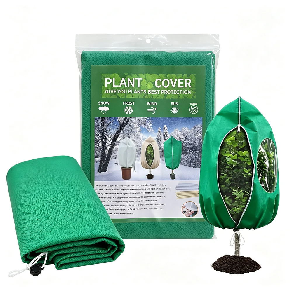 1PCS Drawstring Plant Frost Cover with Viewing Window Non-woven Winter Freeze Protection Bag for Outdoor Garden Potted Trees