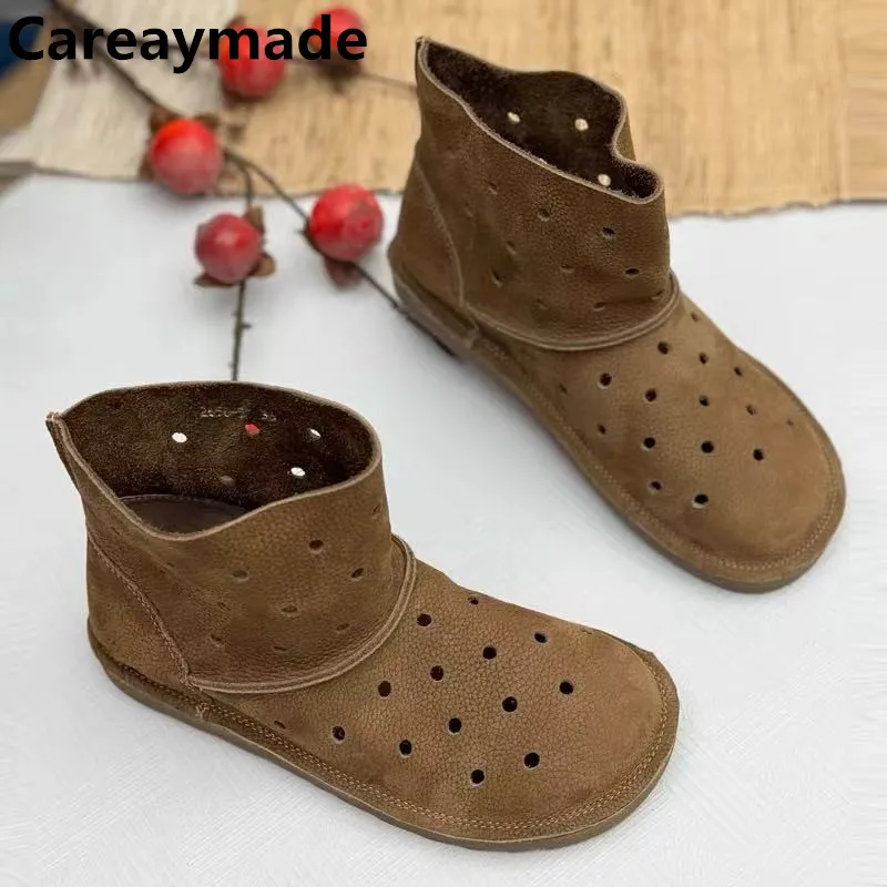 

Careaymade-Genuine Leather Ankle Boots Flats Round Toe Slip-On Hollow Out Short Boots High Quality Casual Handmade Women Shoes