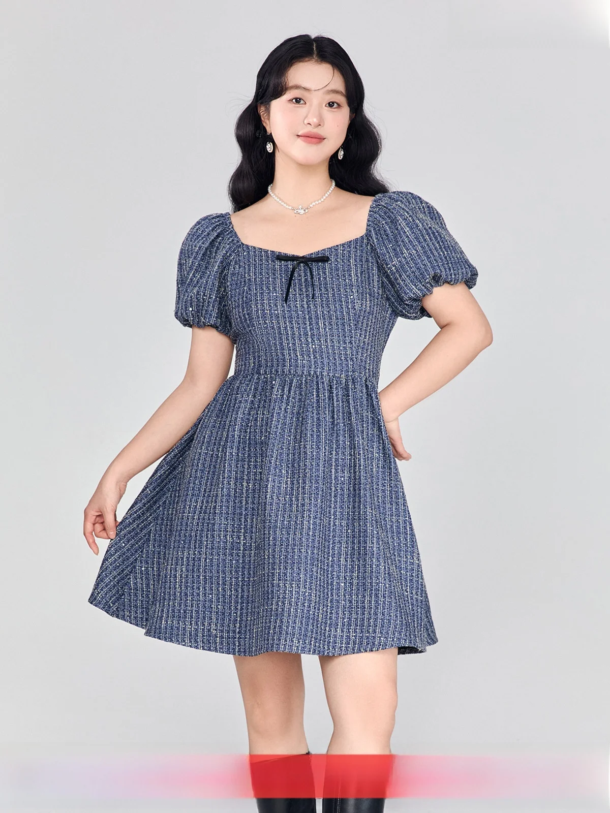 

Женское платье GW больших размеров с пышными рукавами, утягивающее, с высокой талией, из полиэстера, с V-образным вырезом, средней длины, летнее, новинка