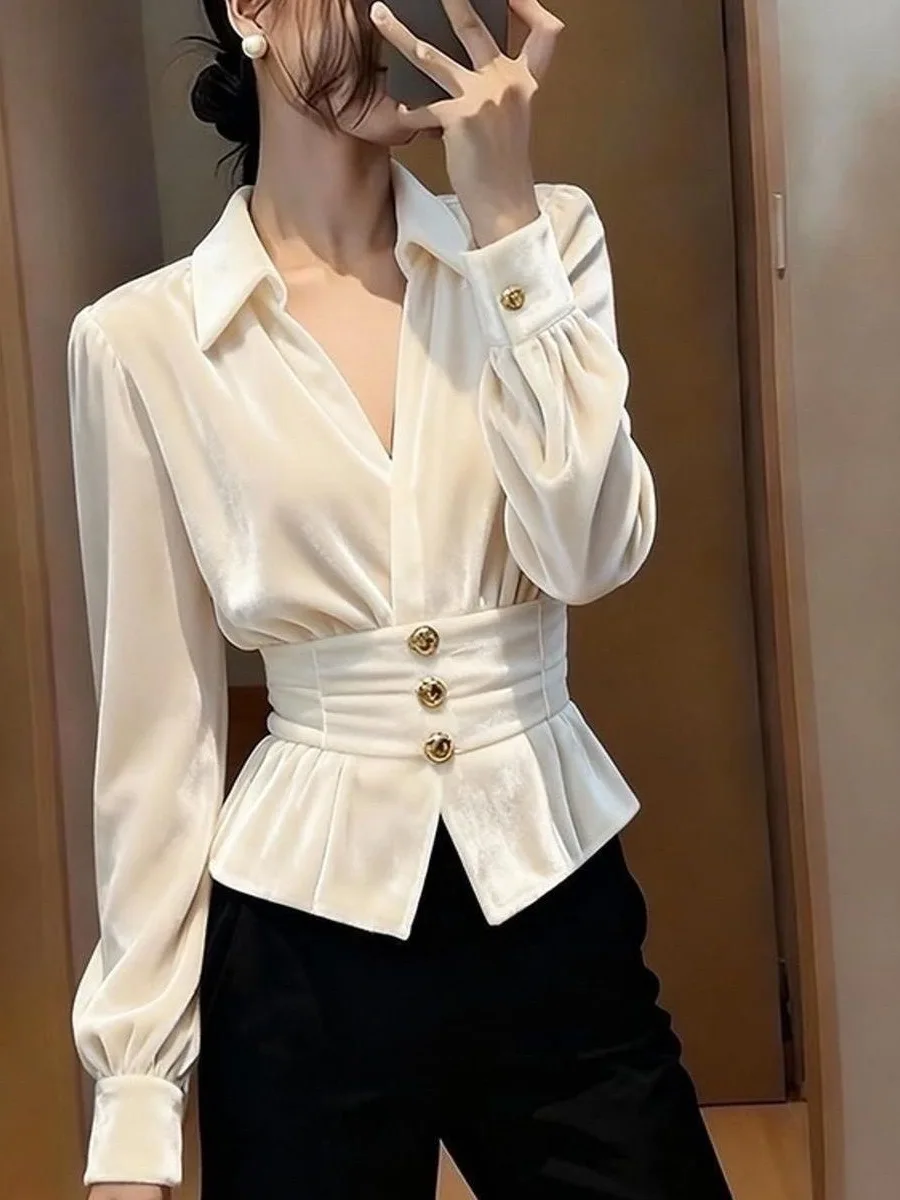 

White Velvet irt Women's Autumn Winter Unique Beautiful Waist-Cut Little Capitat Top High-Quali Polyester Lo...