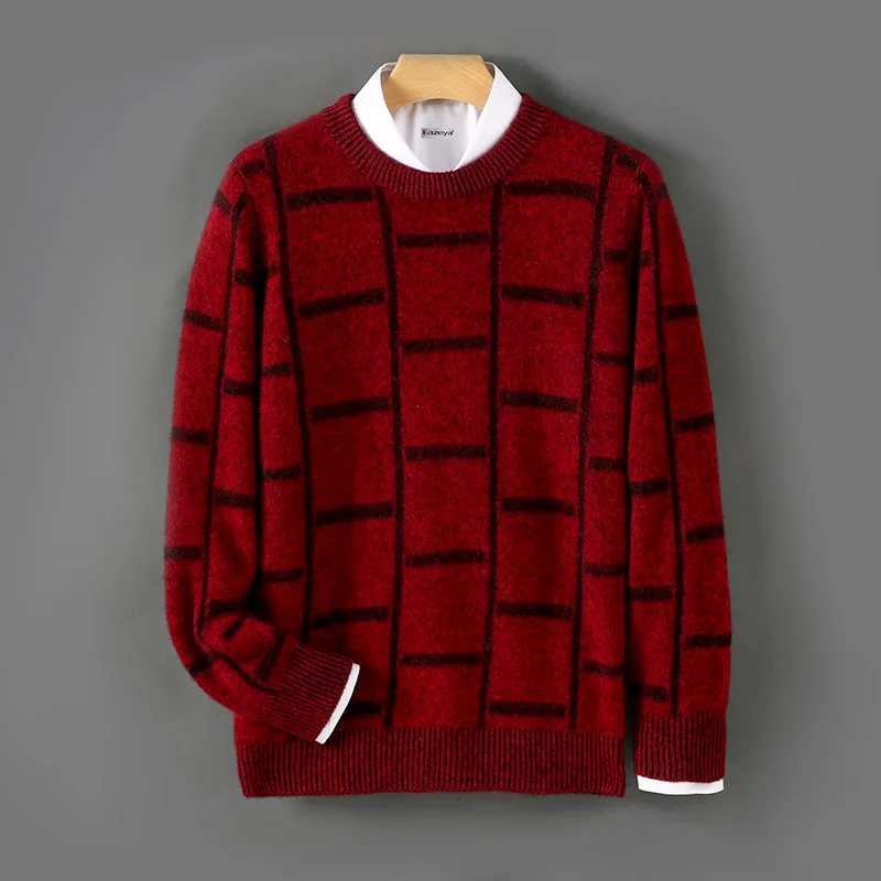 

100% Australian pure wool sweater men's crew neck thickened color matching sweater loose casual knitted cashmere bottoming shirt