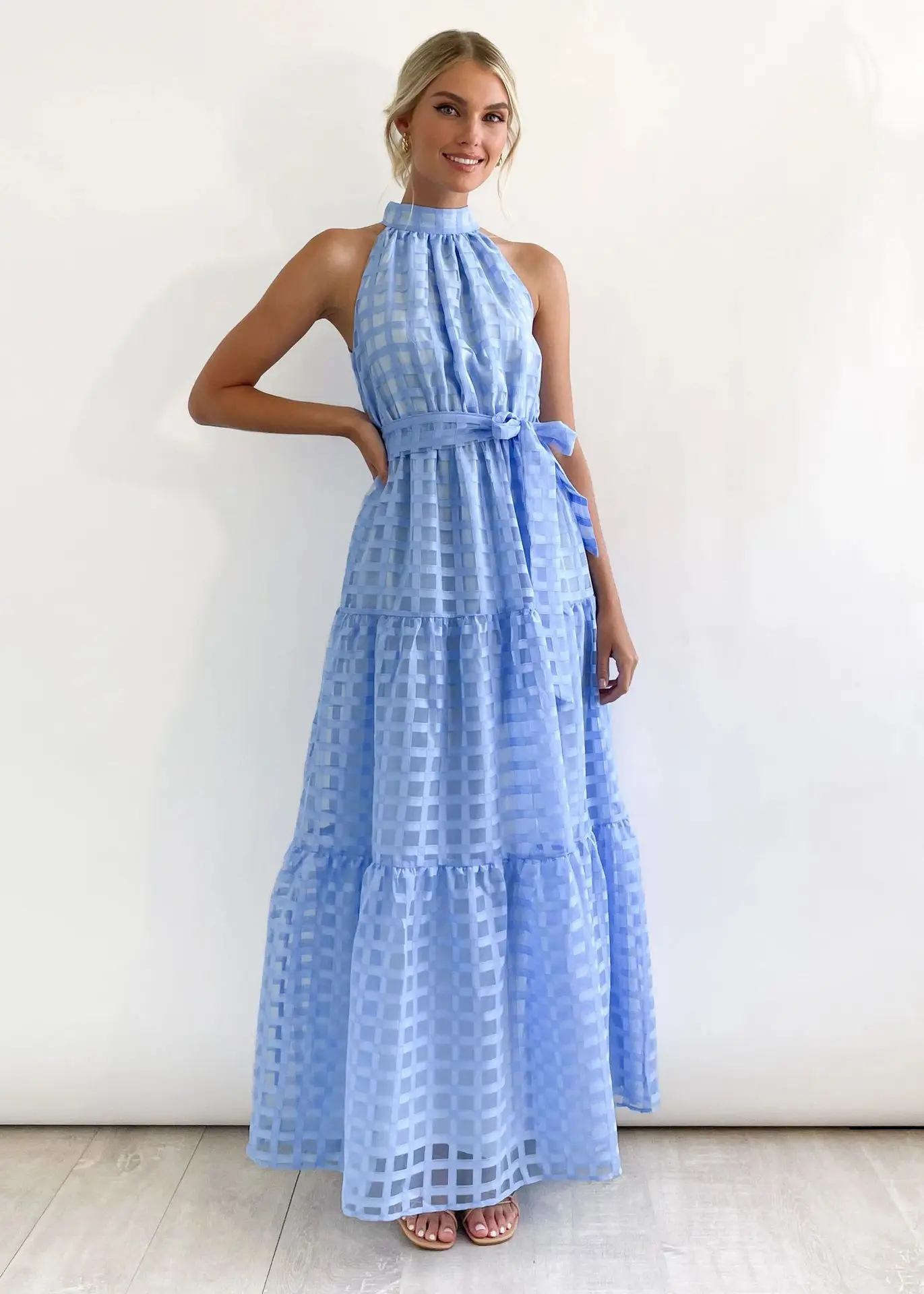 ربيع جديد شعرية فستان طويل للنساء الصيف عادية شاطئ قبالة الكتفين بلا أكمام مع حزام فساتين الرسن الإناث أنيقة