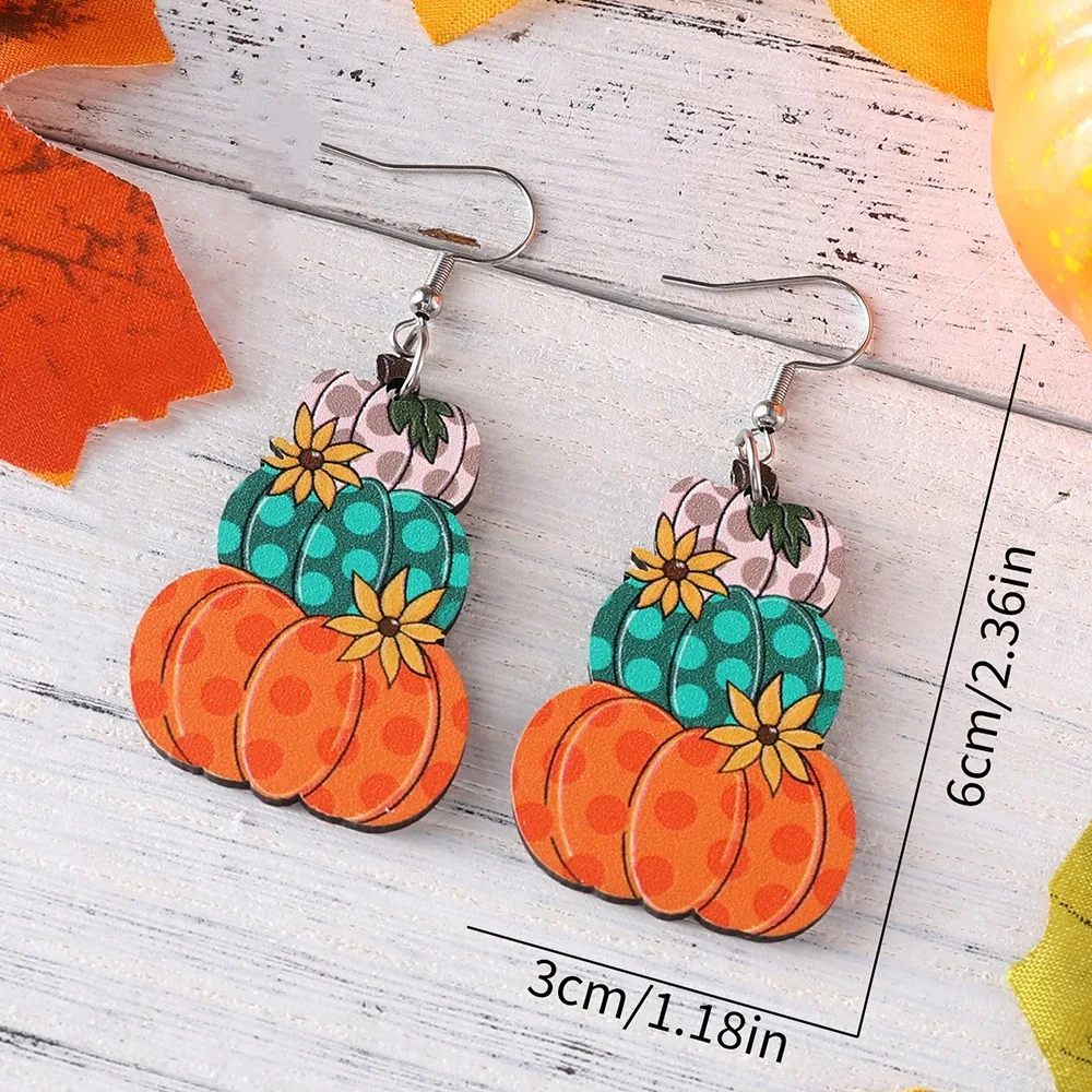 Thanksgiving Flower Pumpkin Earring Fashionable Autumn Harvest Polka Dot Checkered Decoration Wooden Double-Sided Earrings