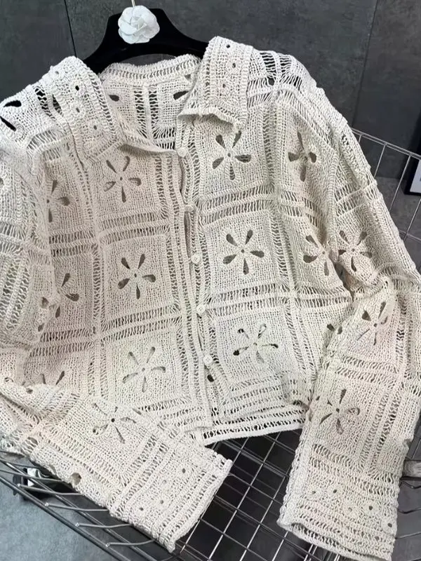 Granny Square Crochet Cardigan for Women Open Stitch Knitted Long Sleeve Collared Button-up Lace Jacket Spring Summer 2026 Boho