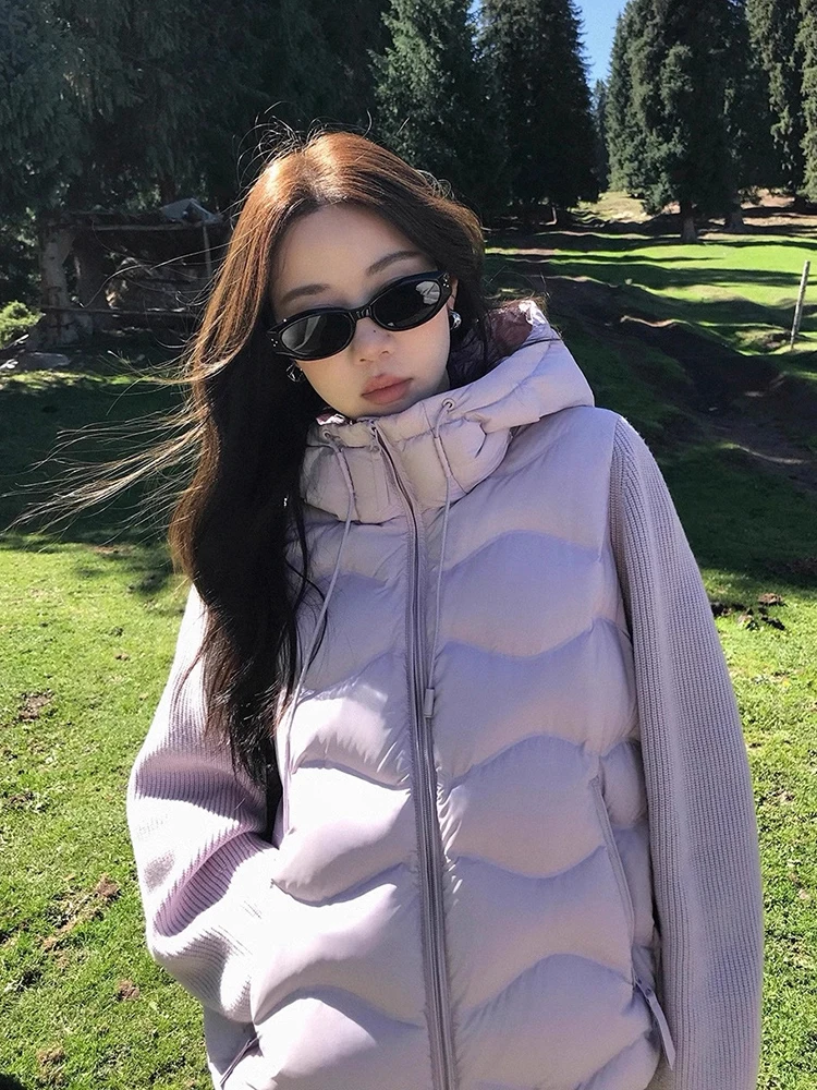Chaqueta de plumón cálida con empalme de mangas tejidas para mujer, prendas de vestir Parker con cremallera y plumón de pato blanco, chaquetas con capucha gruesas para mujer