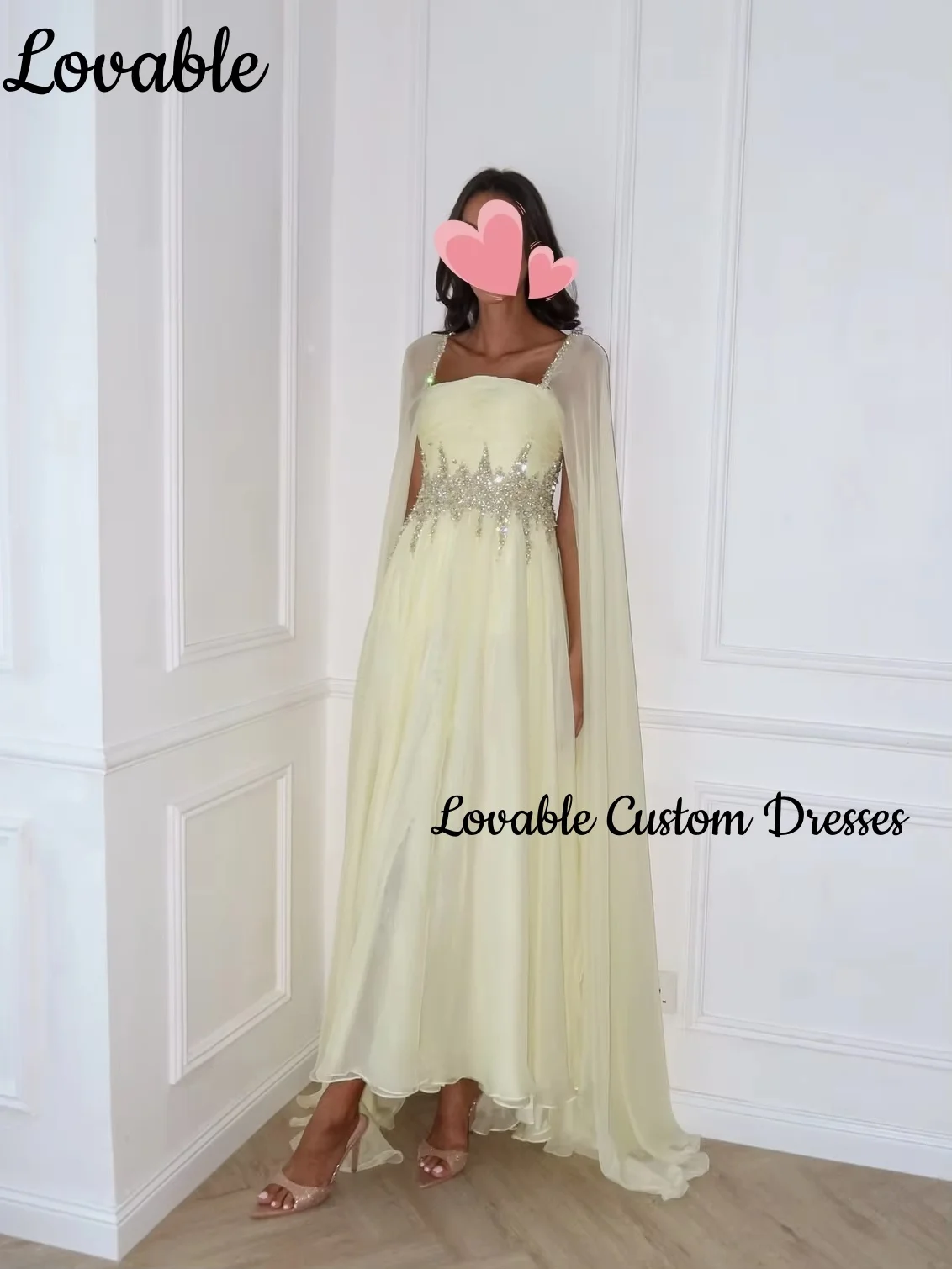 Vestido de festa de casamento personalizado, linha a, decote quadrado dividido, comprimento do chão, miçangas, vestidos de noite de luxo, zíper, vestidos amarelos
