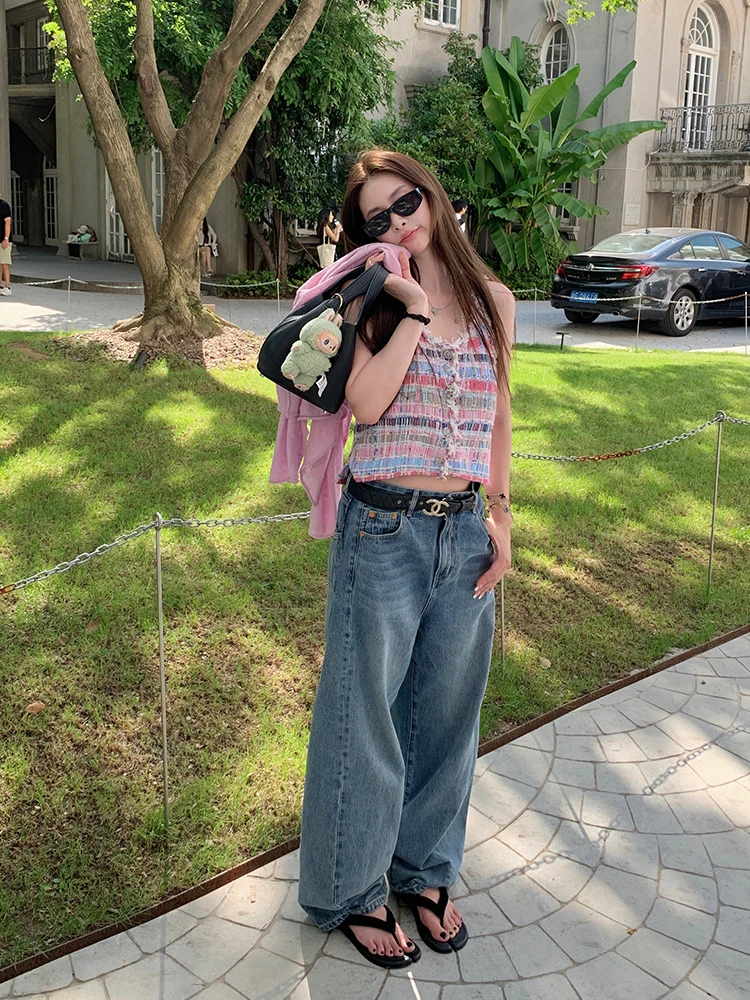 

Женские прямые джинсы Tingting: летние свободные брюки с широкими штанинами, повседневные брюки в пол, с высокой талией, на молнии