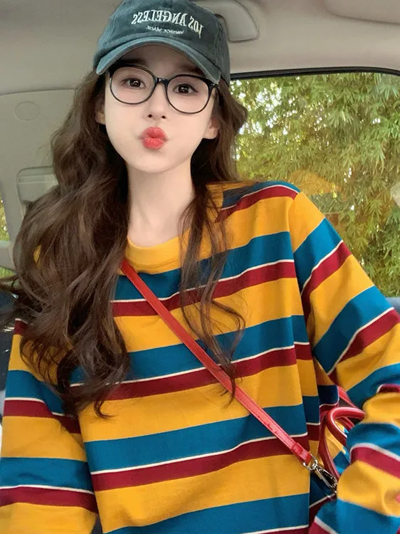Retro Striped Long Sleeve T-Shirt Women's Casual Style Color Block American Design Base Shirt Spring Lazy Fashion Top
