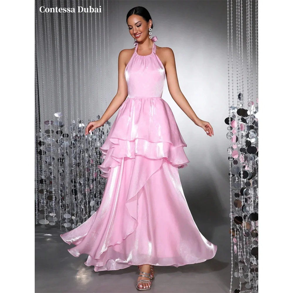 

Contessa Custom Pink Halter Neck Evening Dress Shiny Satin Prom Dresses A-Line Vestidos De Noche Floor Length Formal Evening