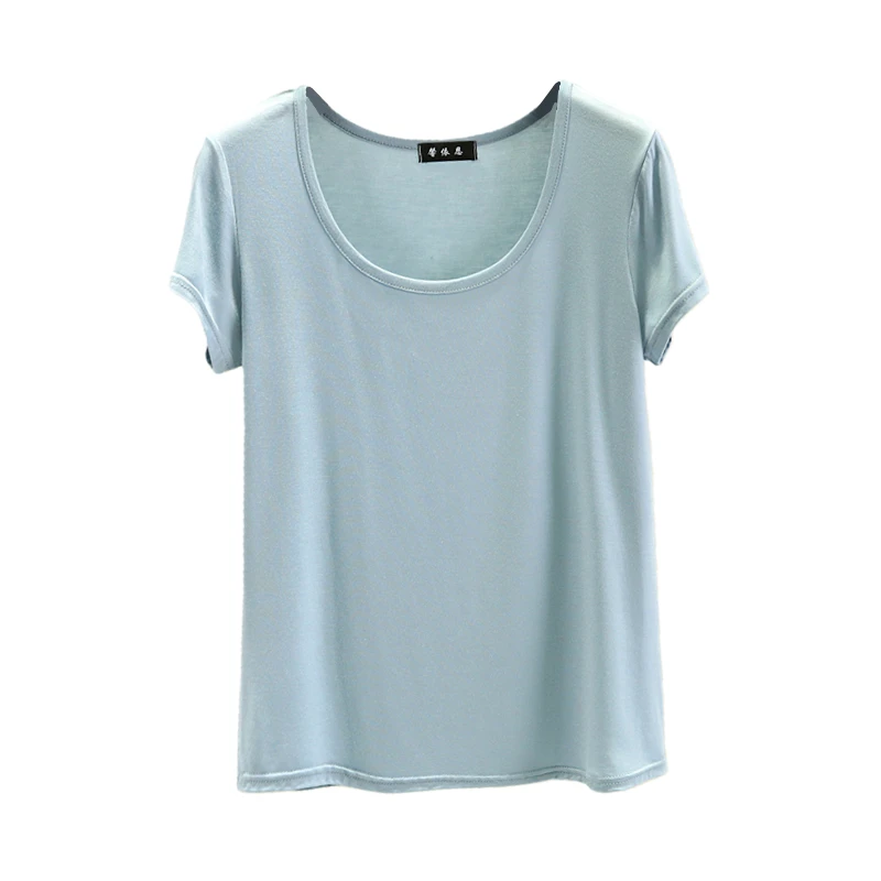 قميص نسائي صيفي بياقة على شكل حرف U وأكمام قصيرة، مقاس كبير، قميص أساسي من المودال، رقبة مستديرة، نصف كم، قميص خفيف بلون واحد...