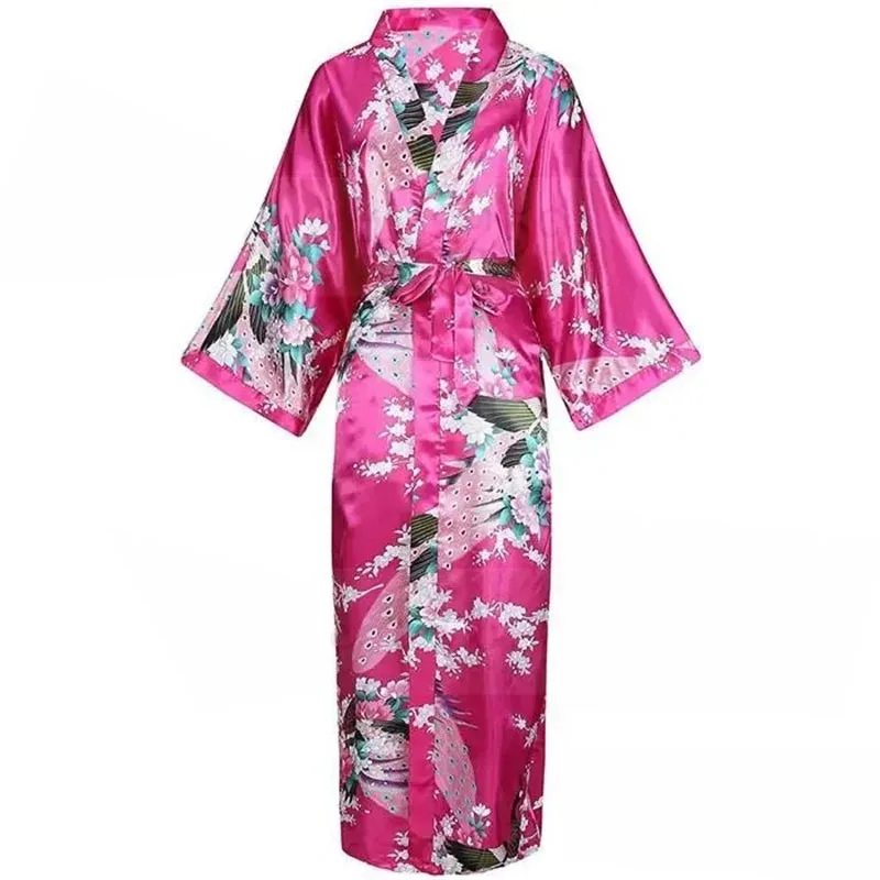 Plus Size XXXL Chinese Women Long Robe Print Flower Peacock Kimono Bath Gown Bride Bridesmaid Wedding Bathrobe Sexy Sleepwear