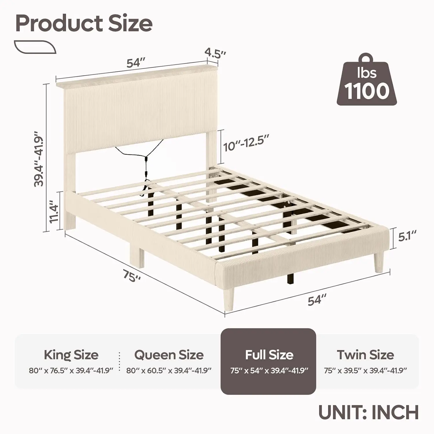 Full Bed Frame With Adjustable Headboard & LED Upholstery Beige, Customized