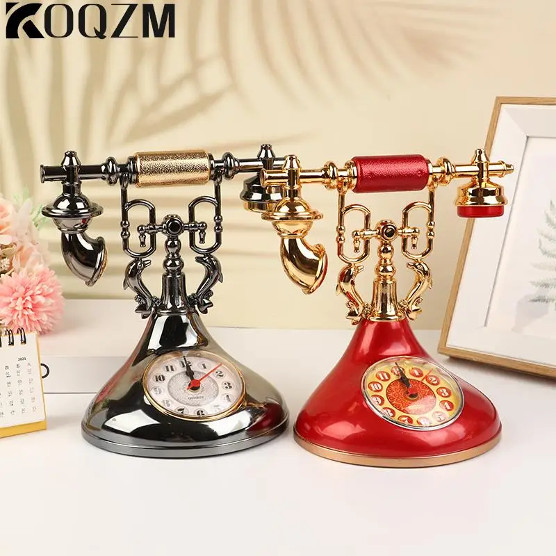 1pc Retro Alarm Clock Telephone Model Creative Timekeeper Desktop Ornament For Home Room Bedside Table Decoration