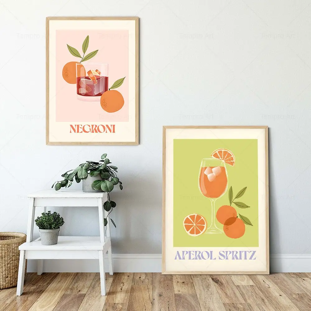 Pósteres e impresiones de jugo de fruta de dibujos animados Prosecco Aperol Spritz, bebida Sangria Negroni, pintura en lienzo para Espresso, Club, Bar, decoración del hogar