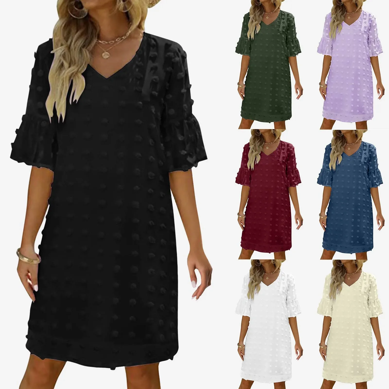 

Summer Solid Dress Women Elegant V-Neck Short Sleeve Knee-Length Mini Dress Ladies A-Line Boho Beach Dresses Vestidos