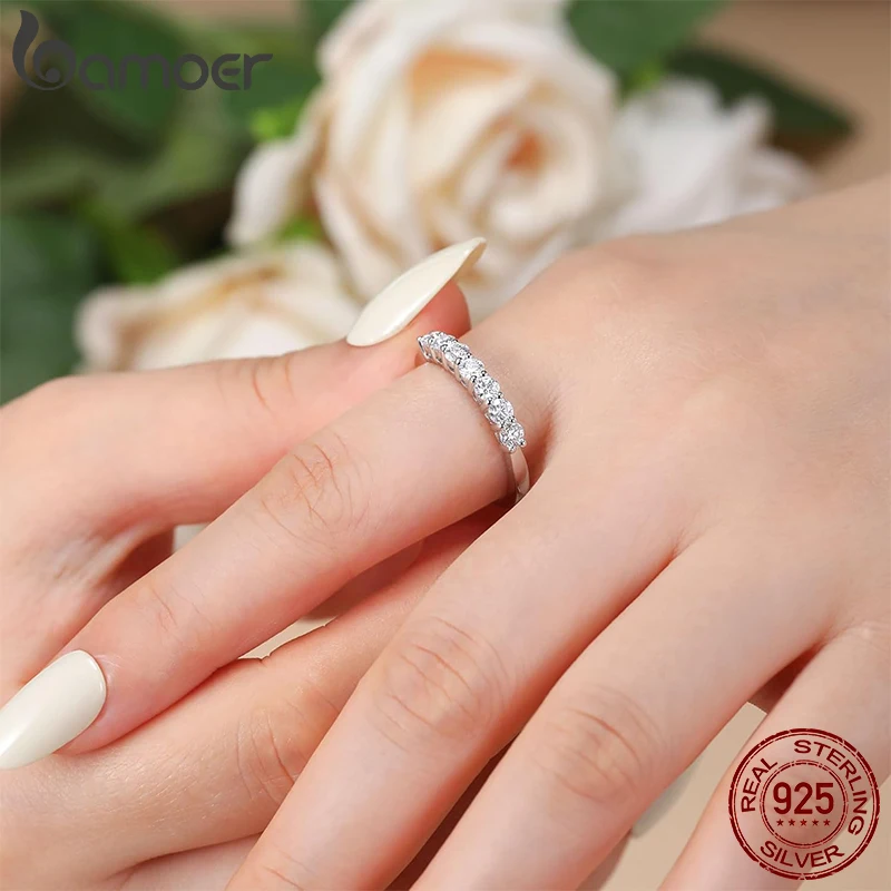 BAMOER Iris Moissanite Ring Lace Band 925 Sterling Silver Half Eternity Stackable Ring D Color for Women Engagement Retro Gift