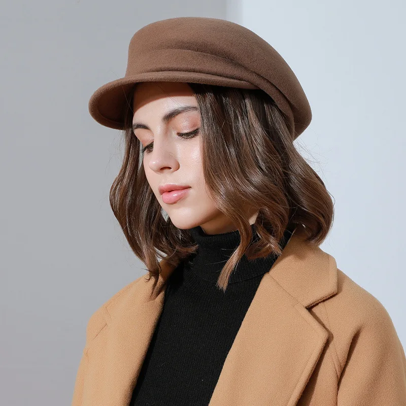 Autumn Short Brim Newsboy Hats For Women Adjustable Breathable Wool Beret Lady Caps Vintage Artist Painter Hat