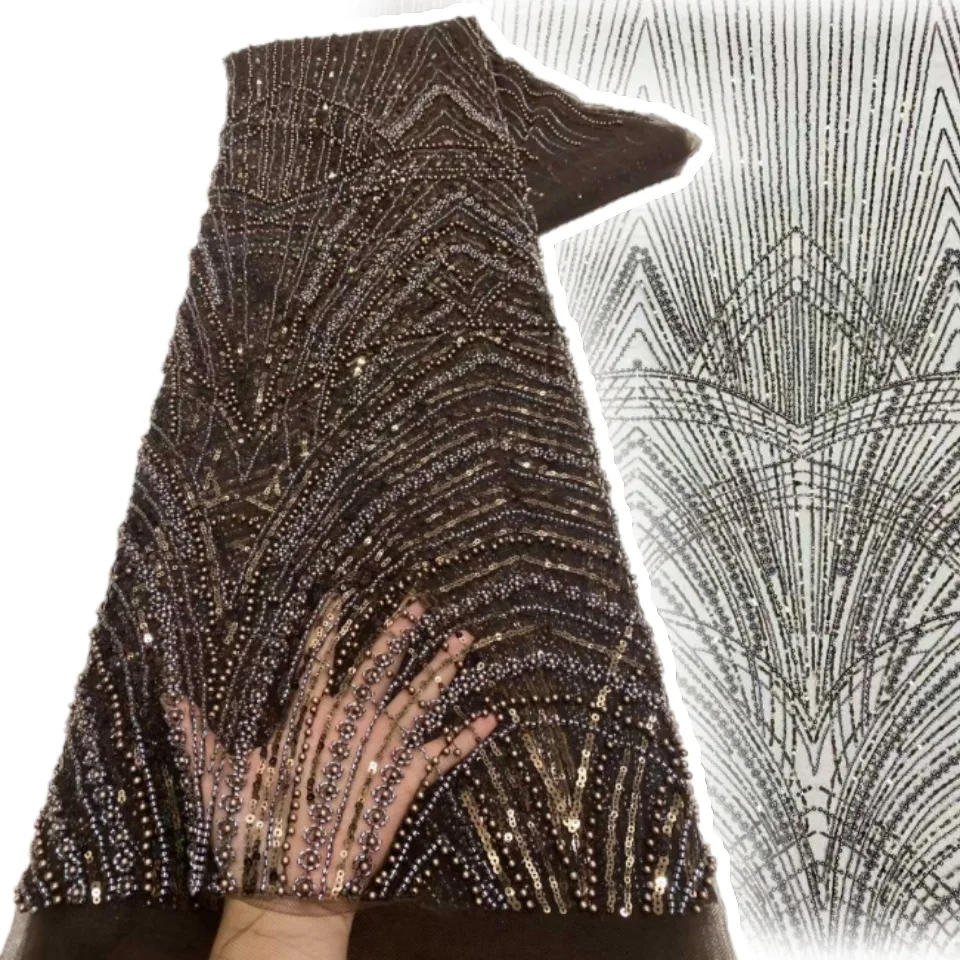 Brown African Sequin Groom Lace Fabric 2026 High-Quality French Nigerian Bead Lace Fabric Suitable for Wedding Dress Sewing 1955