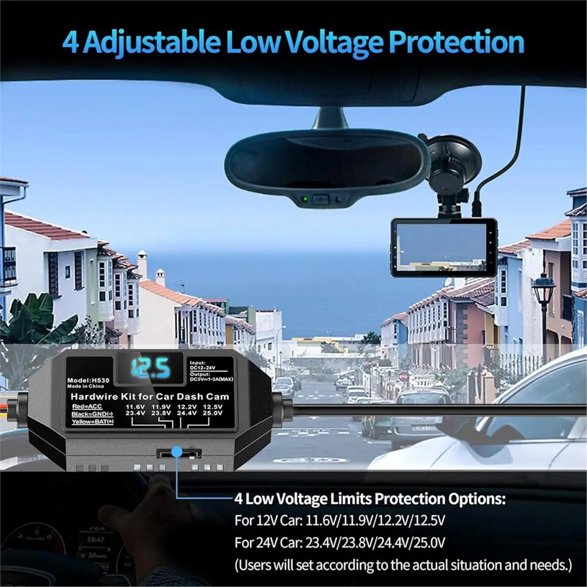 Universal USB-C Dash Cam Acc Hardwire Kit with LED Voltmeter and Adjustable Low Voltage Protection,24H Monitoring