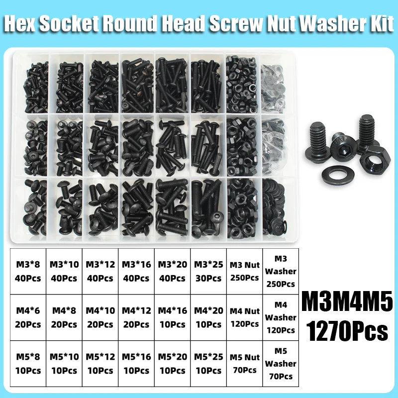 Komplettes 2510-teiliges M2 M2.5 M3 M4 M5 M6 Rundkopf-Innensechskantschrauben-Set 1840 10.9 Güteklasse Schwarze Innensechskant-Knopfkopfschrauben ISO7380 – Detail 6