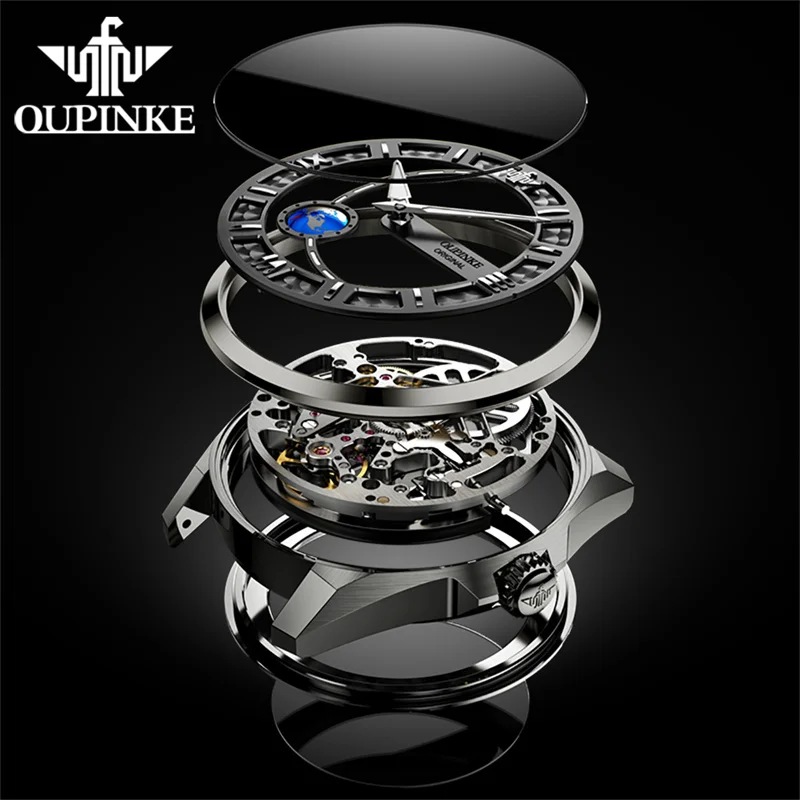 OUPINKE Luxury Men Watch Tourbillon Mechanical Wristwatch Leather Fashion Waterproof Automatic Watches Relogio Masculion