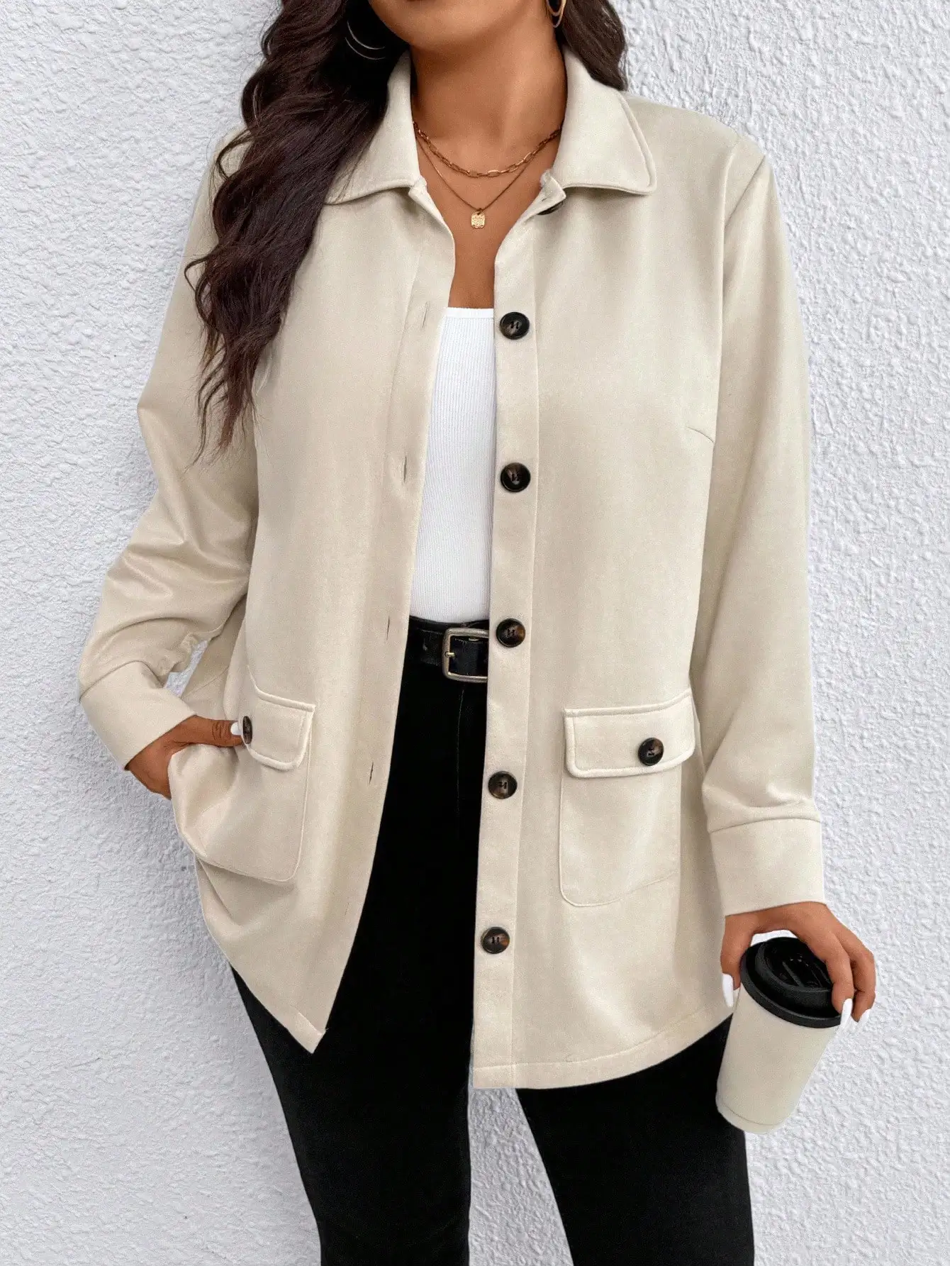 

Cream Solid Color Button-Front Loose Jacket with Patch Pockets for Women
