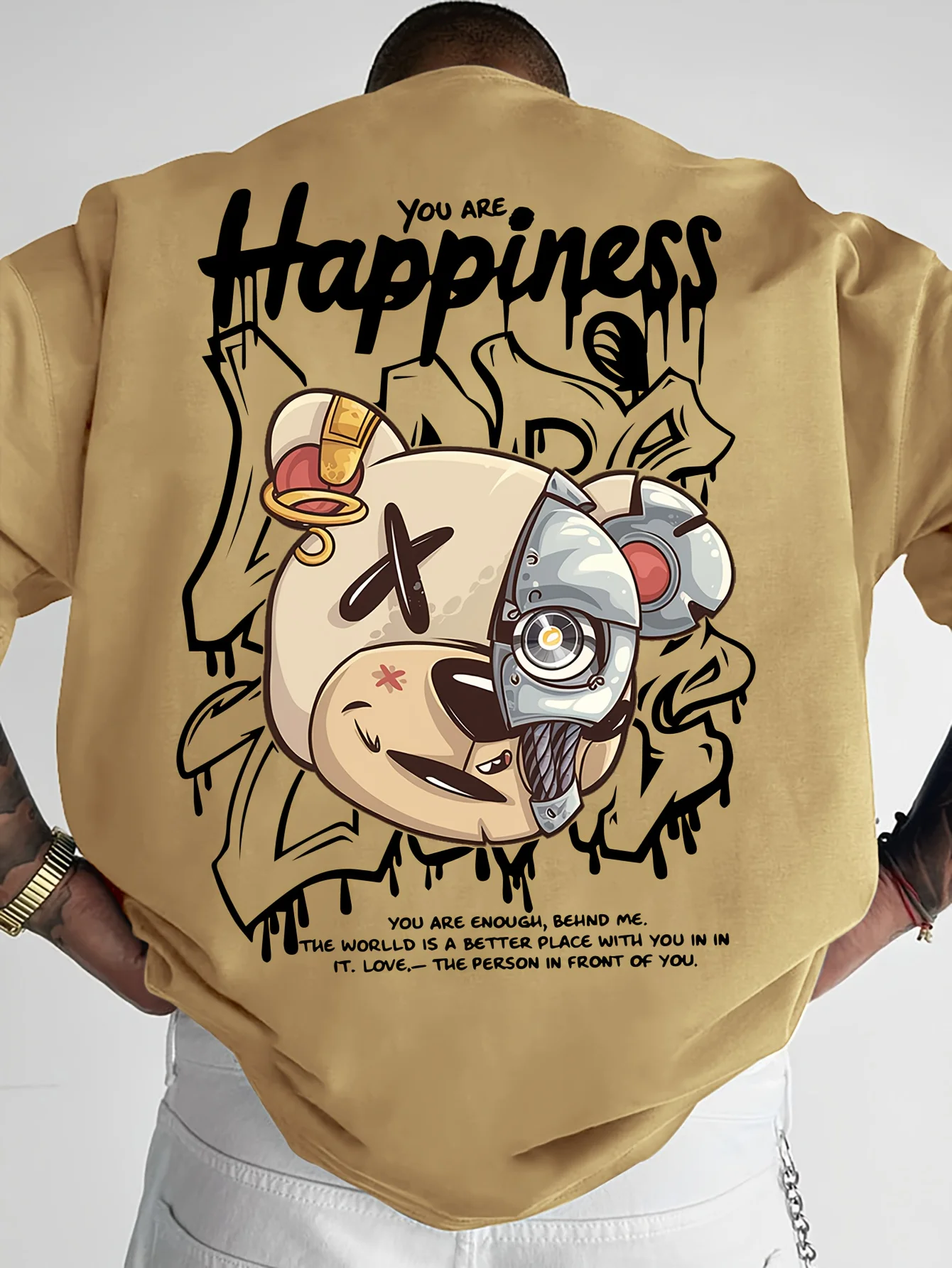 2025 New Men's Personalized Graffiti Bear Letter Printed Breathable and Comfortable Round Neck T-shirt Outdoor High Street Top image 3