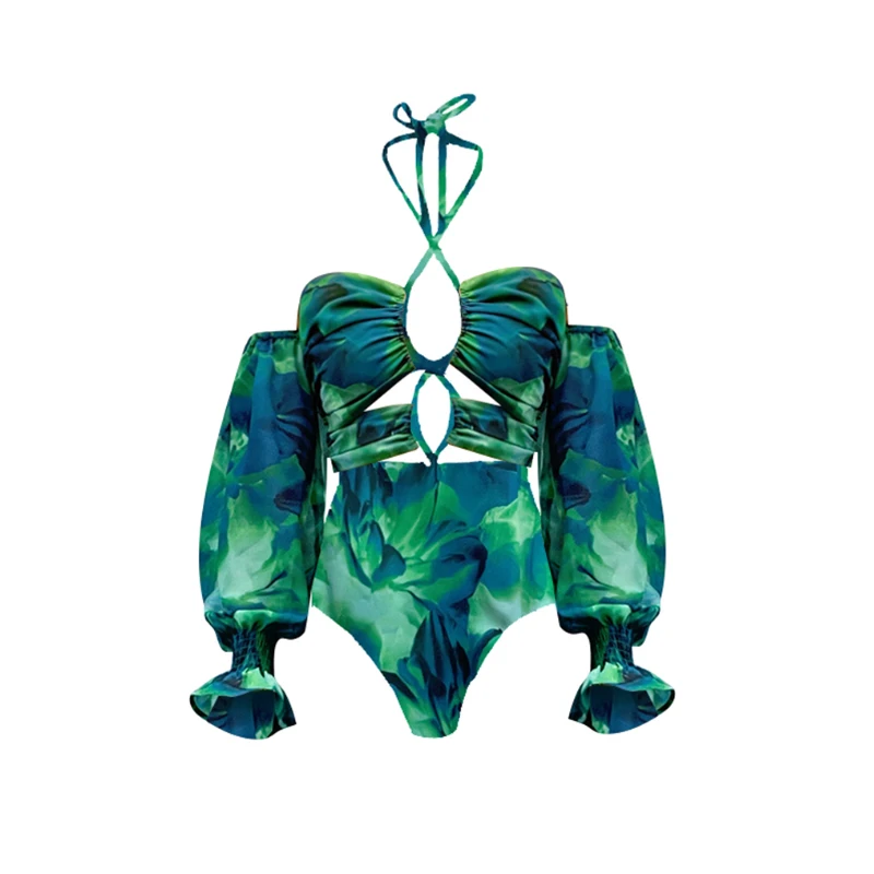 Maiô Monokini verde escuro para senhoras, roupa de praia, maiô, folhas da floresta tropical e estampa floral, roupas de natação, Havaí