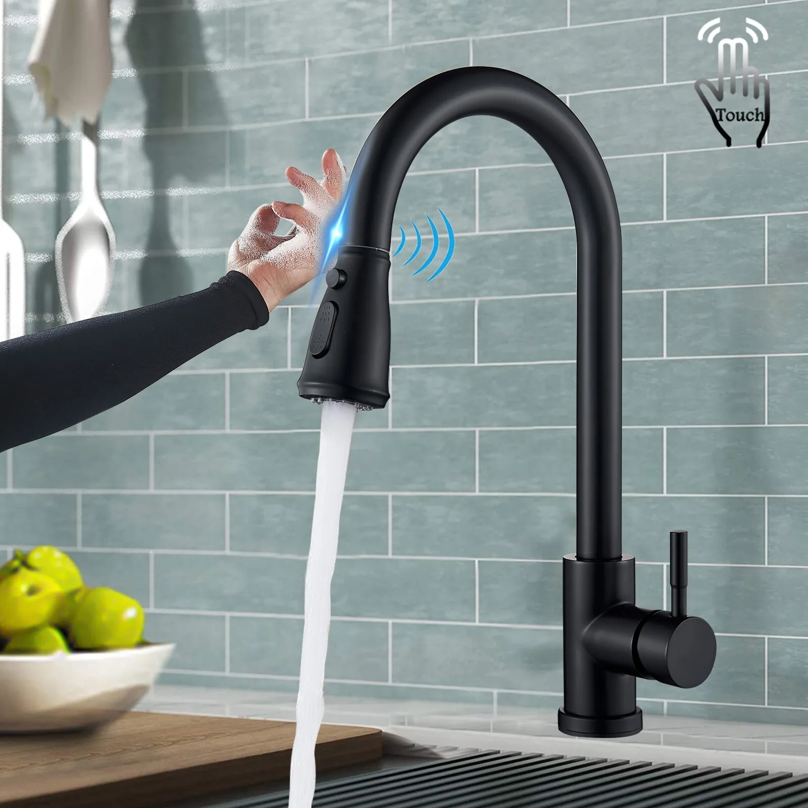

Automatic Touch Sensor Kitchen Faucet with Pull Down Sprayer Black Sink Mixer Hands Free Motion Activated Cold Hot Water