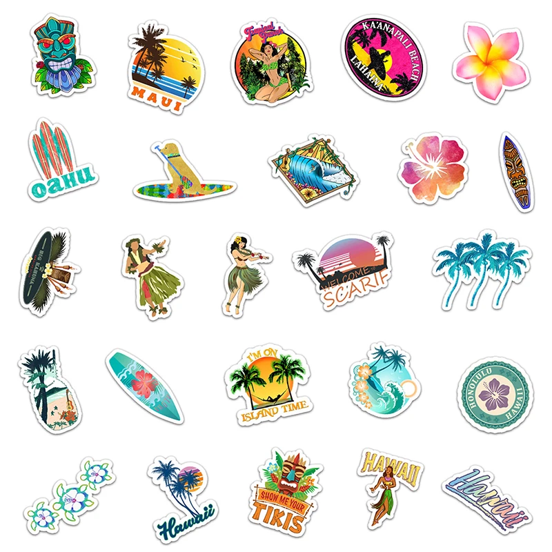 50PCS Hawaii Surfing Stickers Summer Tropical Beach DIY Surfboard Decal Sticker