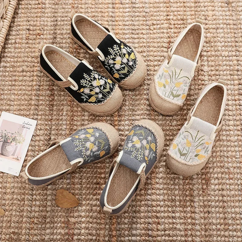 Flower Embroidered Women Handmade Linen Cotton Espadrilles Loafers Comfortable Sneakers Casual Walking Shoes 35-40 2024