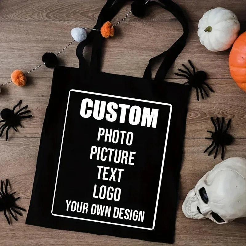 Fabric Photo Text Logo Tote Bag DIY Design Reusable Shopping Bag Personalized Chic Polyester Storage Pouch